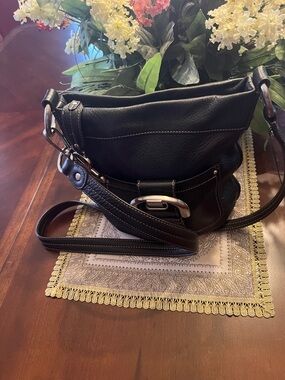 b. makowsky Black Leather Shoulder Bag with Silver Hardware
